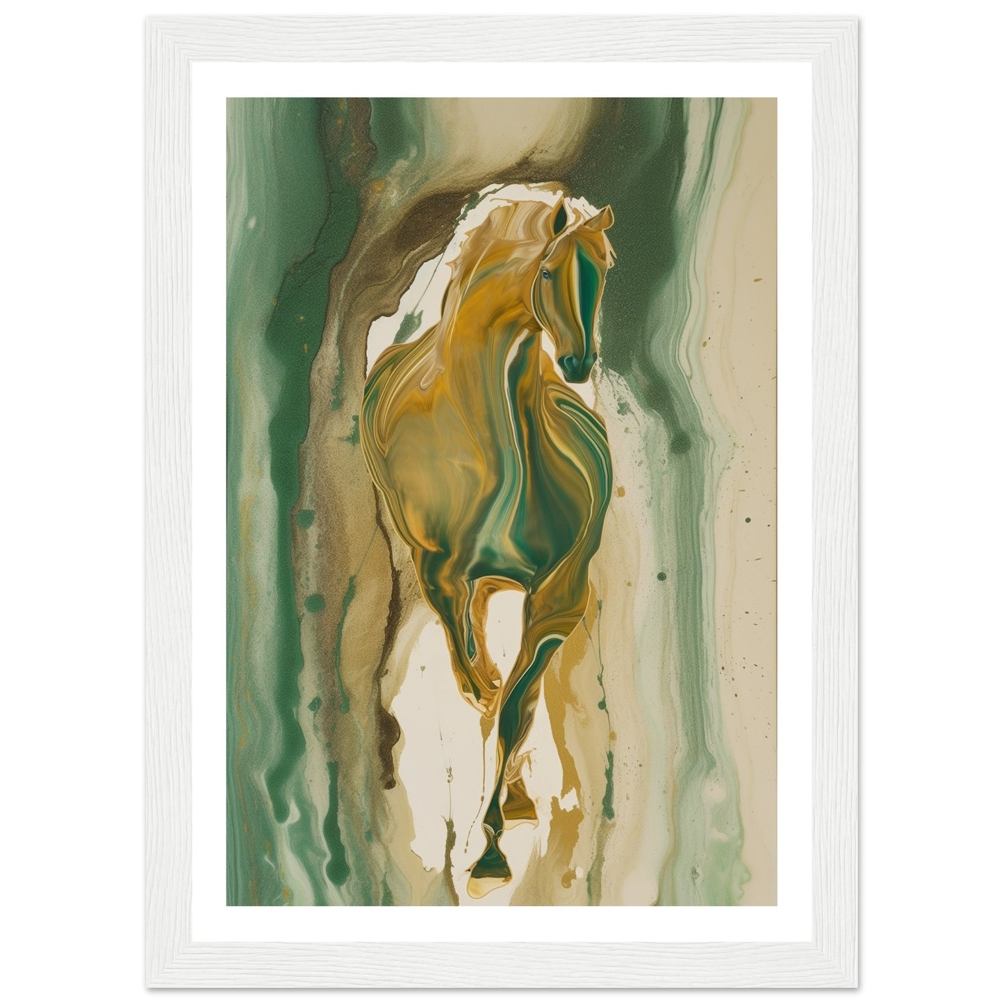 Golden Gallop - Fluid Green and Gold Horse Wall Art Print