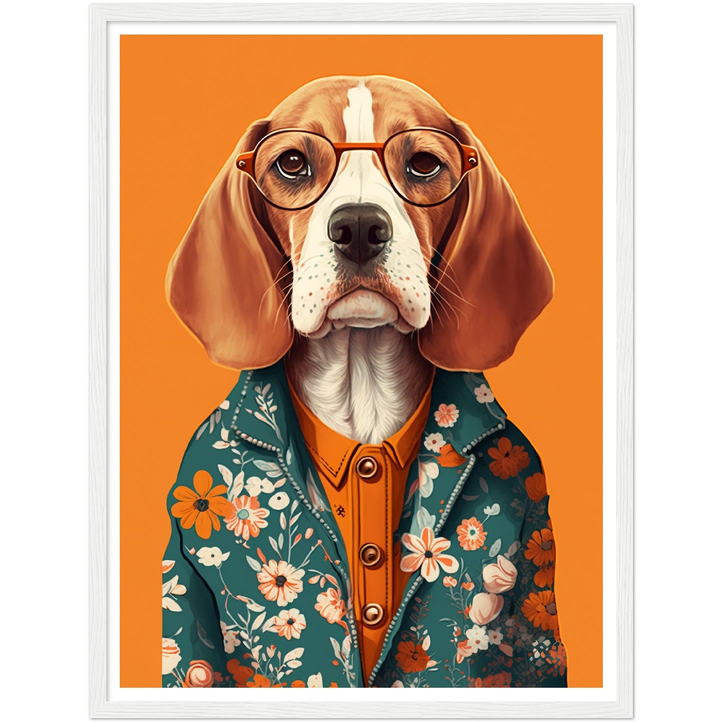 Fashionable Floral Beagle Dog Illustration Wall Art Print