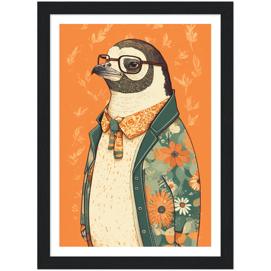 Penguin Chic Floral Jacket Illustration Wall Art Print