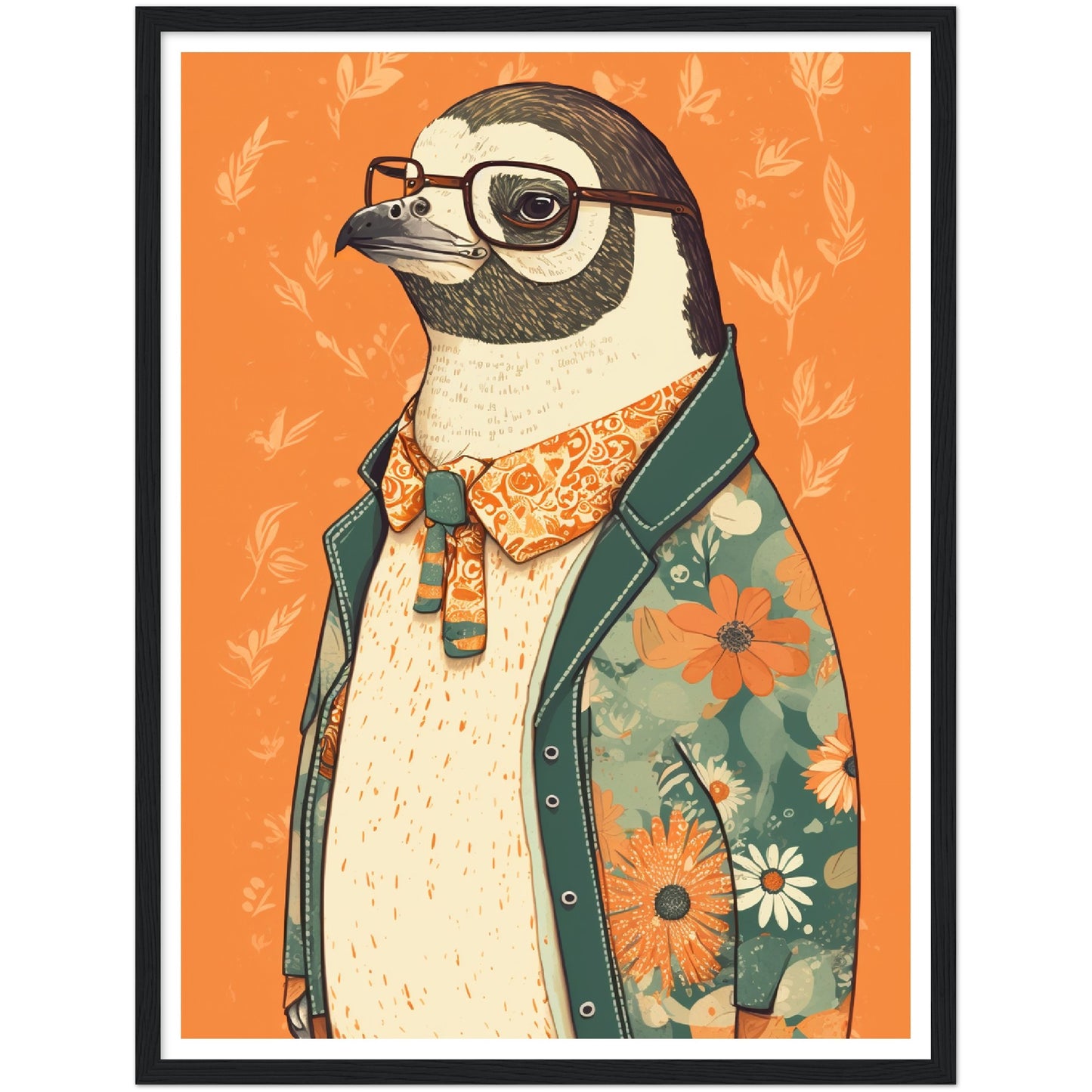 Penguin Chic Floral Jacket Illustration Wall Art Print