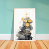 Black clouds and gold circles art print in a light wood frame, 60x90 cm