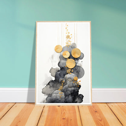 Black clouds and gold circles art print in a light wood frame, 60x90 cm