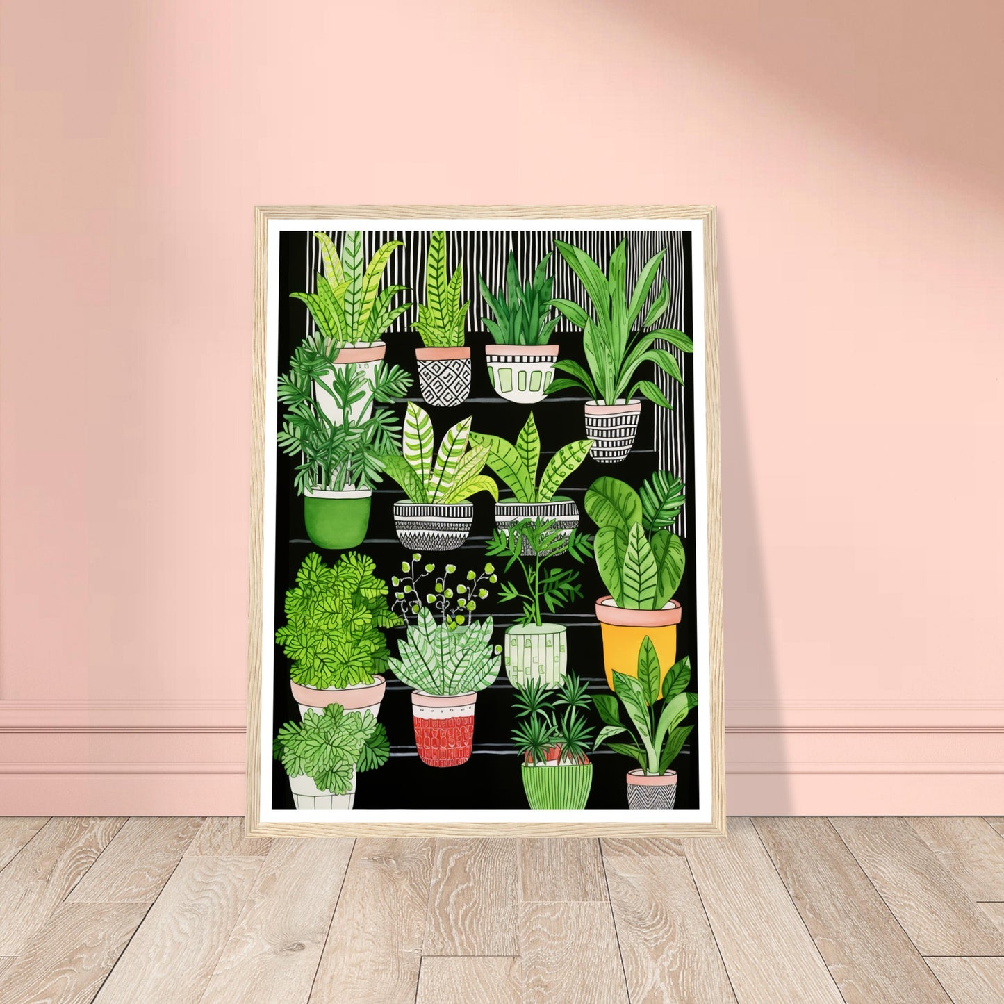 Whimsical Dark Staircase with Potted House Plants Wall Art Print