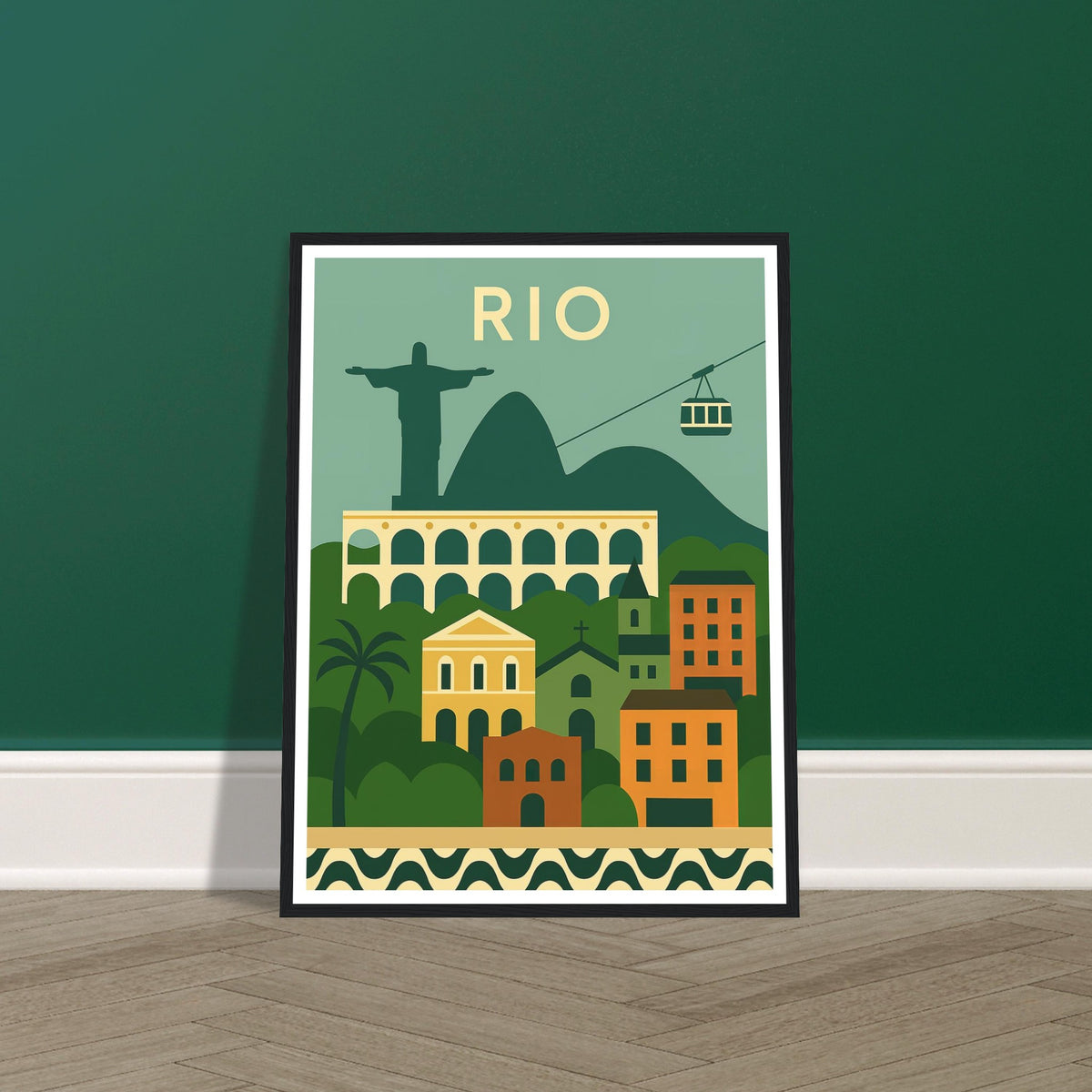 Rio de Janeiro cityscape and landmarks art print in a black wood frame, 45x60 cm