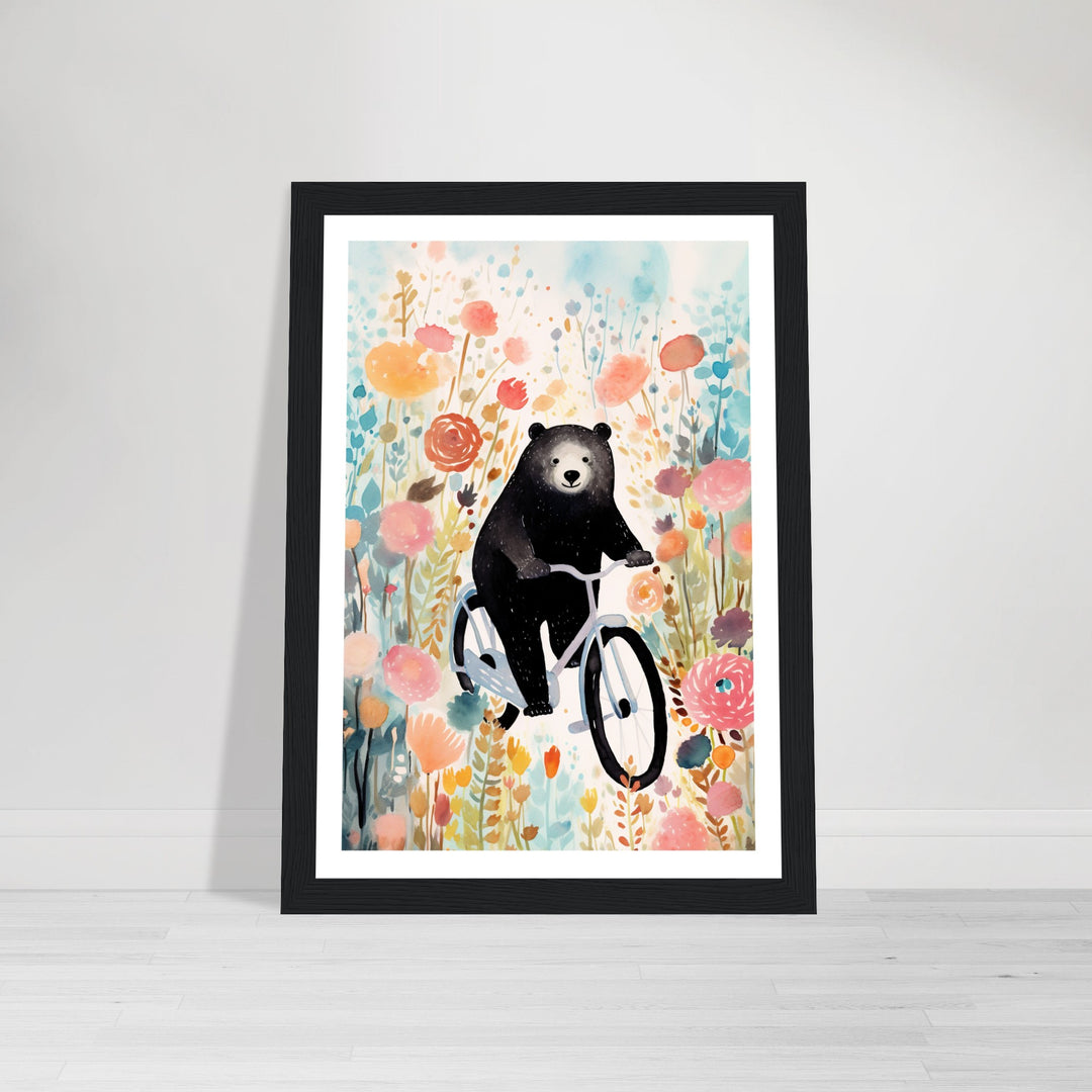 Folklore-Inspired Bear on Bike Floral Wall Art Print