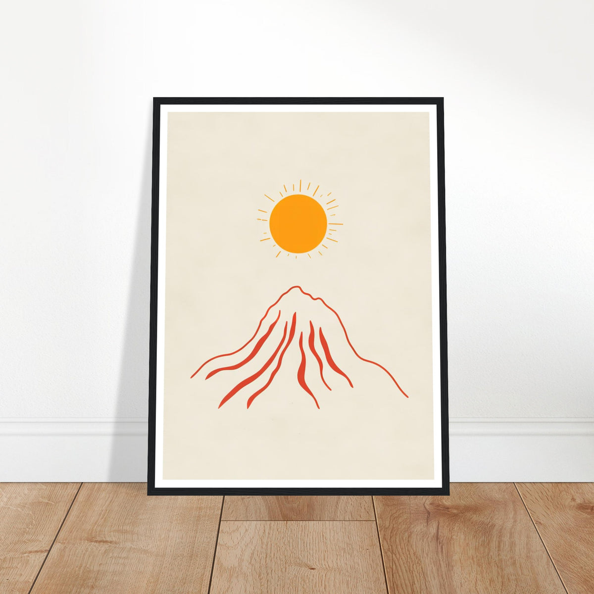 Orange sun over red mountain art print in a black wood frame, 45x60 cm