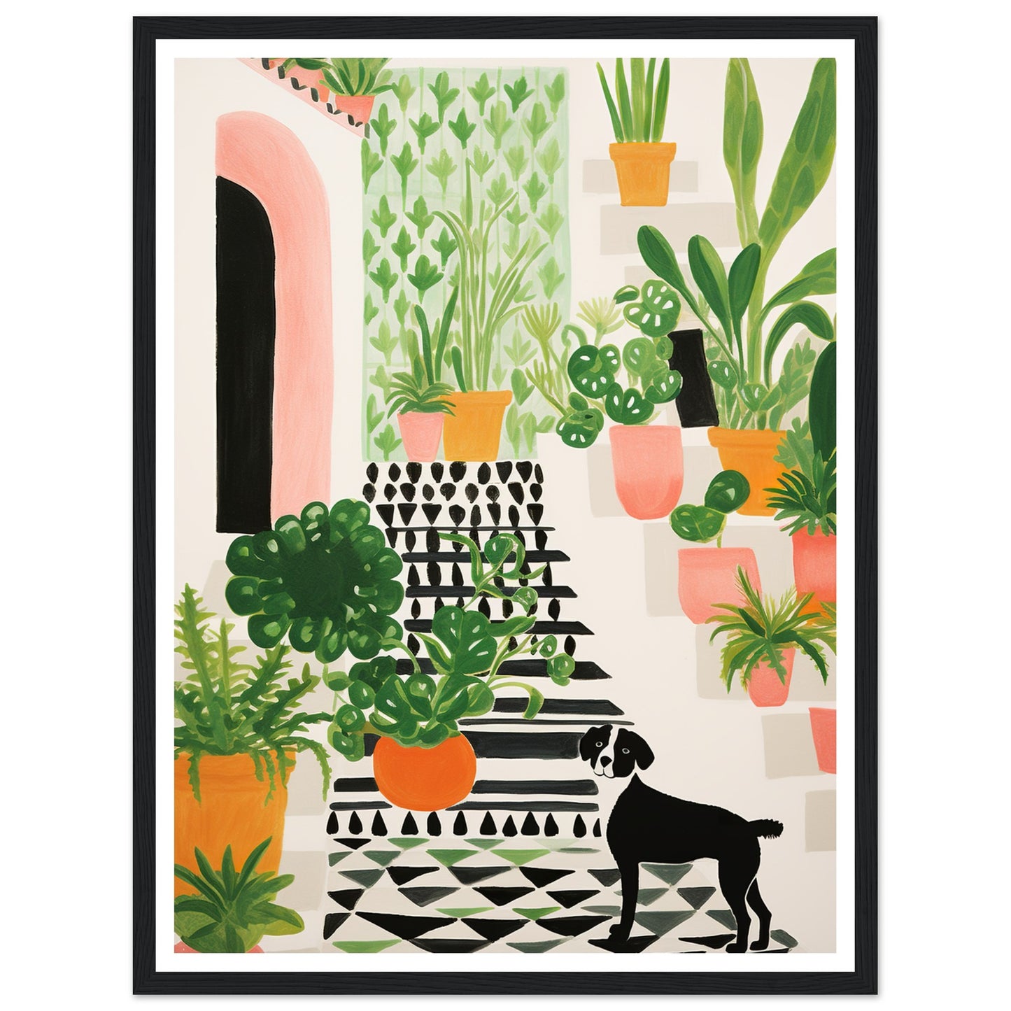 Whimsical Plants & Dog on Spanish Villa Stairs Wall Art Print