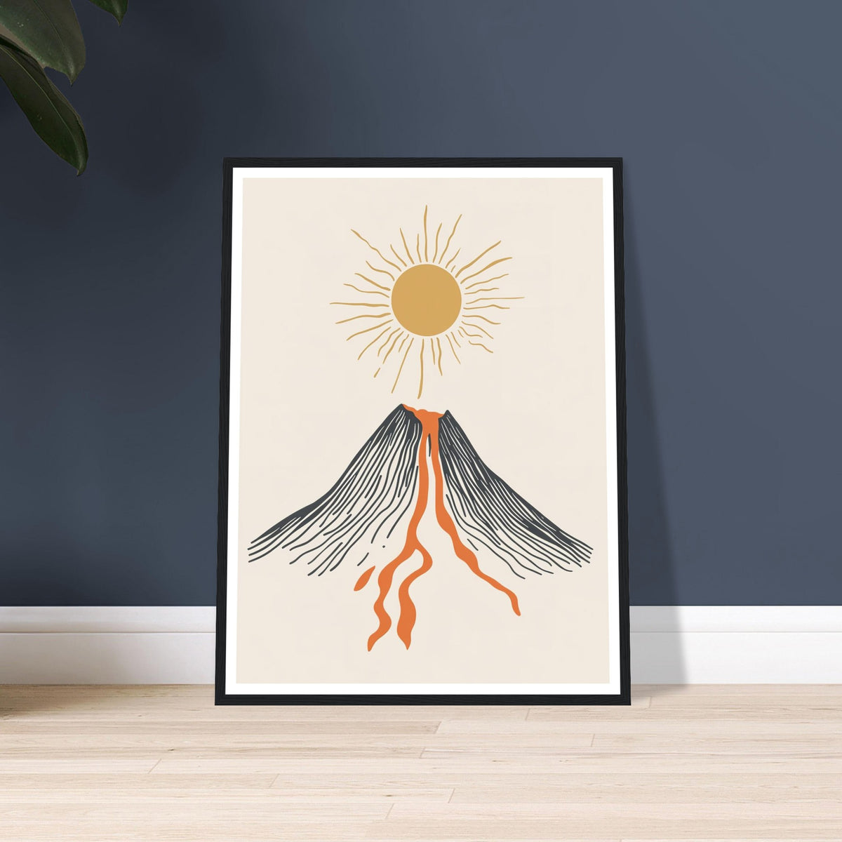 Stylised volcano with orange lava art print in a black wood frame, 45x60 cm