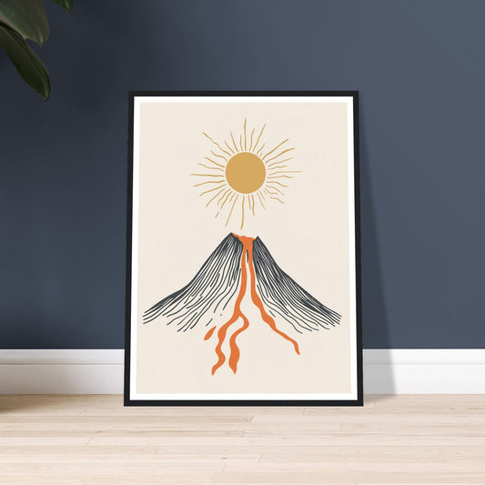 Stylised volcano with orange lava art print in a black wood frame, 45x60 cm