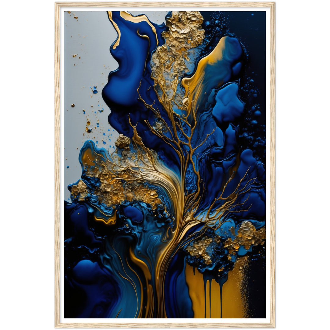 Golden Blue Waves Abstract Wall Art Print