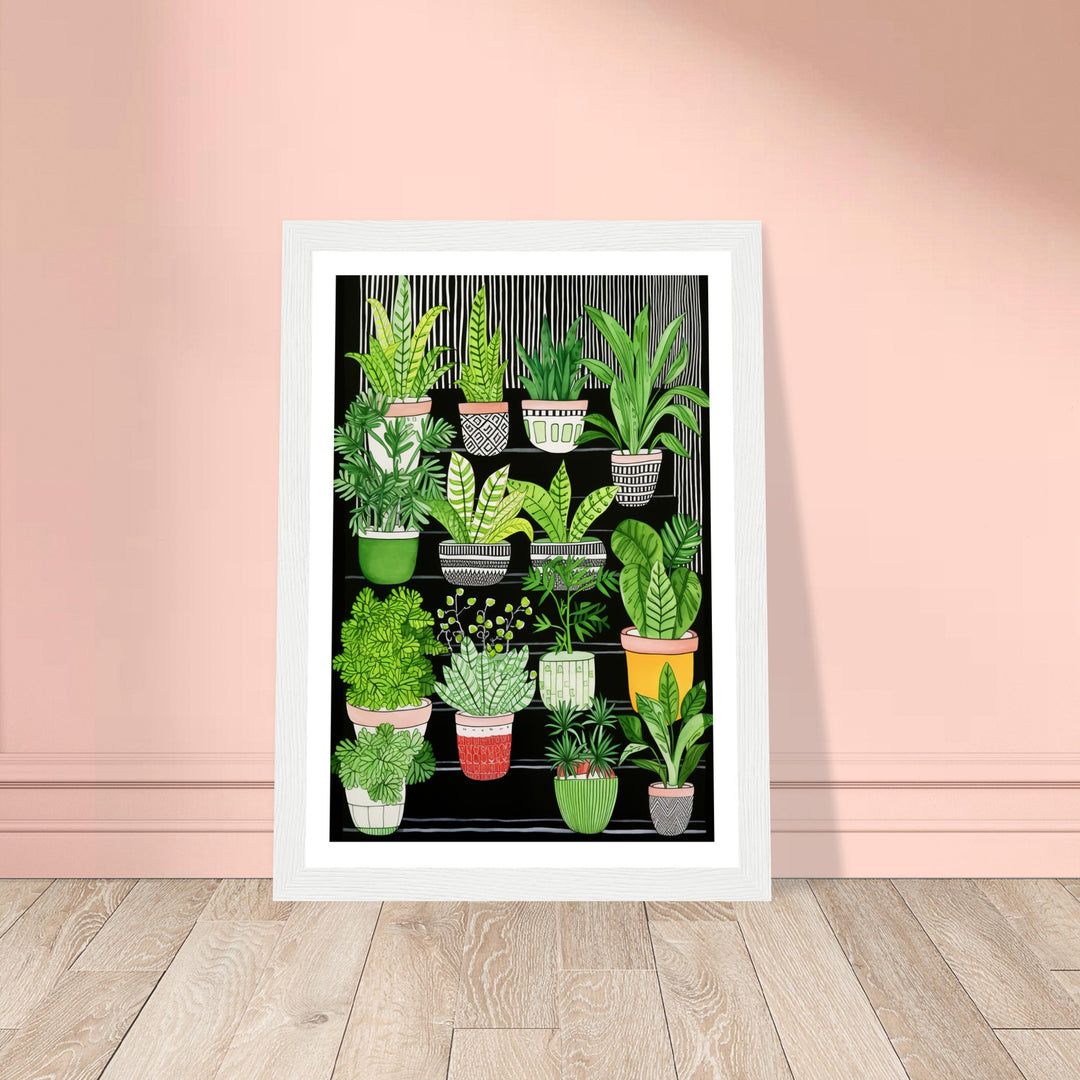 Whimsical Dark Staircase with Potted House Plants Wall Art Print