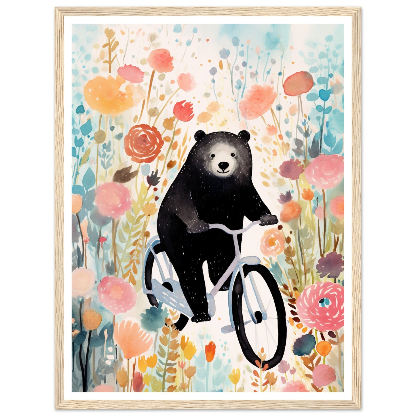 Folklore-Inspired Bear on Bike Floral Wall Art Print