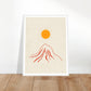 Orange sun over red mountain art print in a white wood frame, 45x60 cm