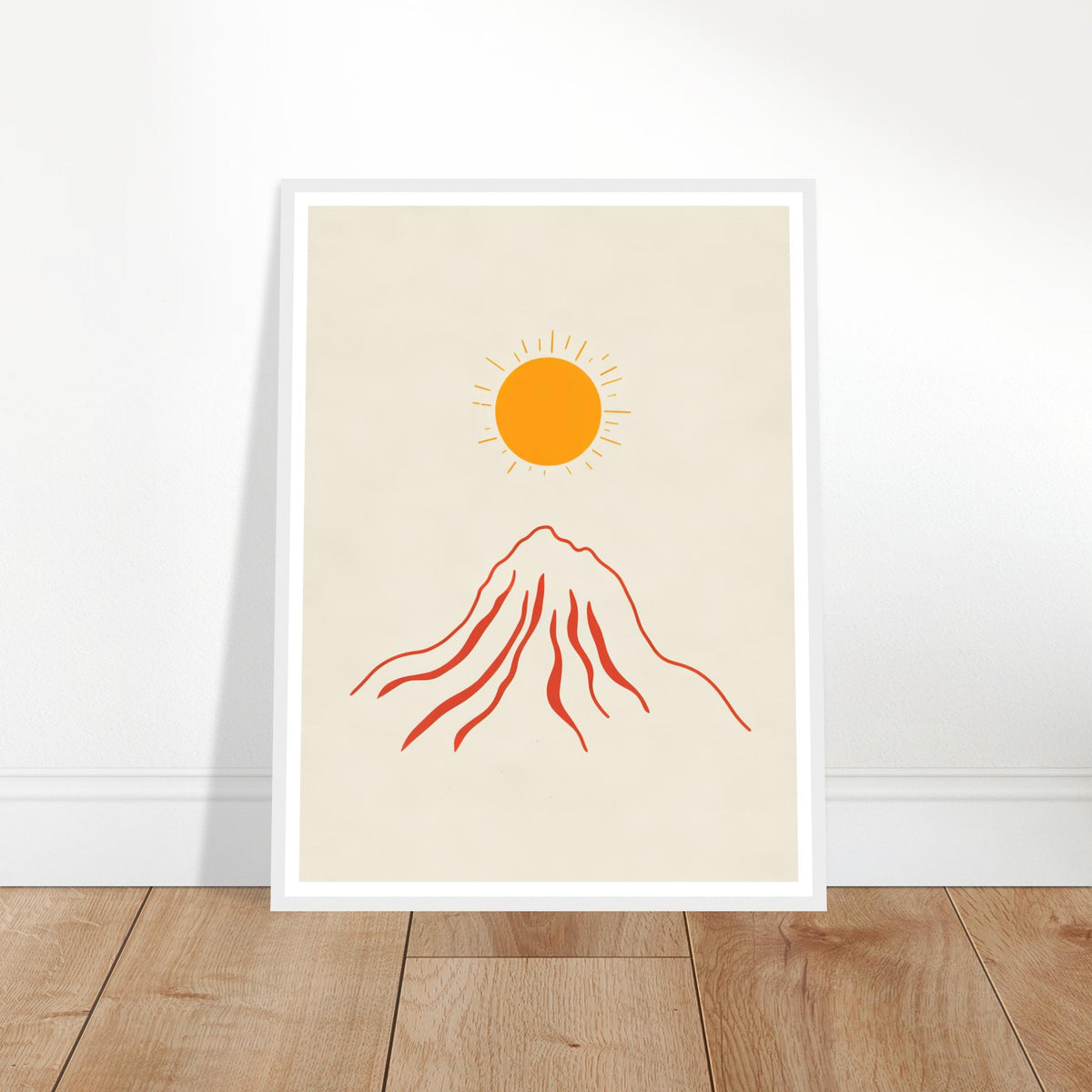 Orange sun over red mountain art print in a white wood frame, 45x60 cm