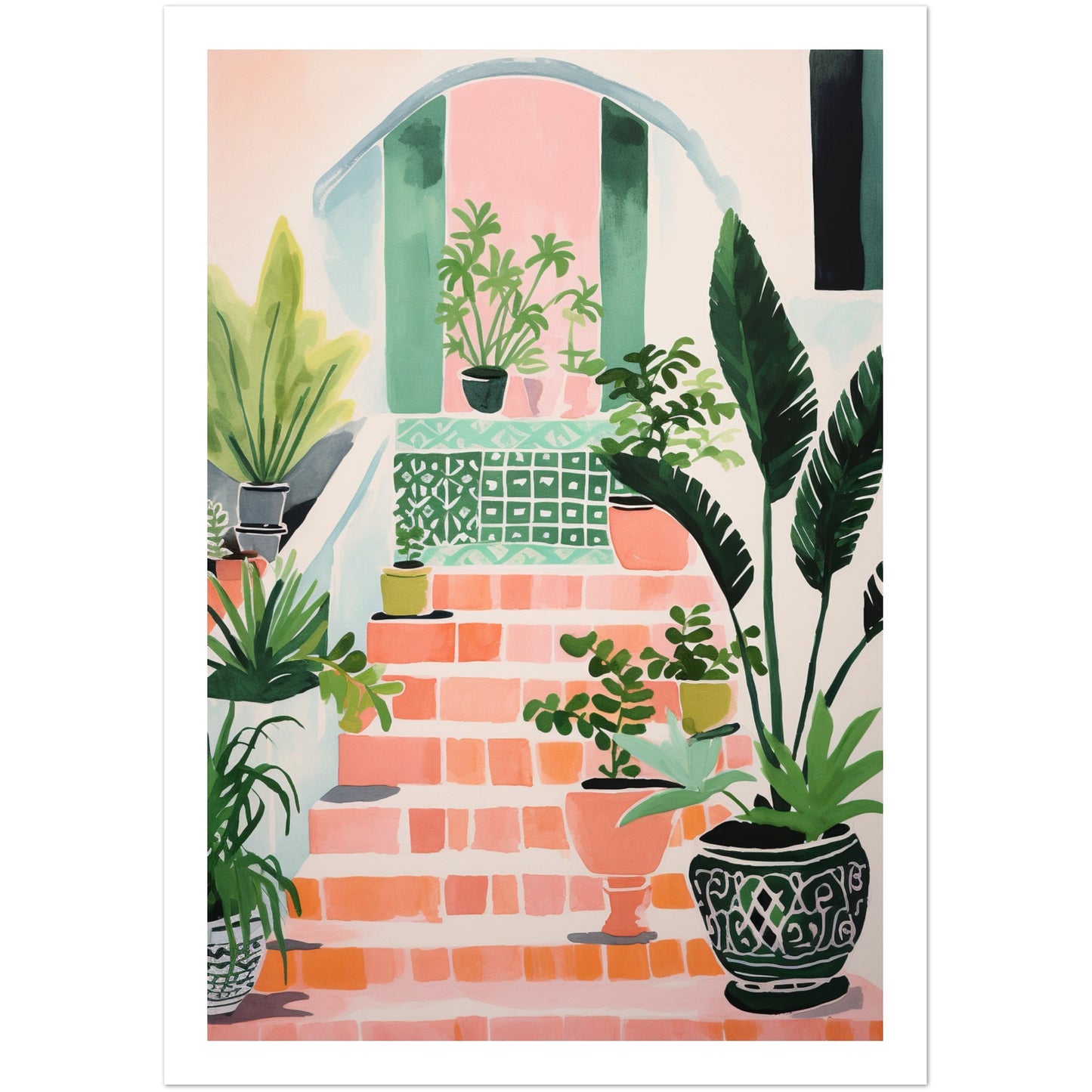 Mediterranean Stairs and Vibrant Potted Plants Wall Art Print