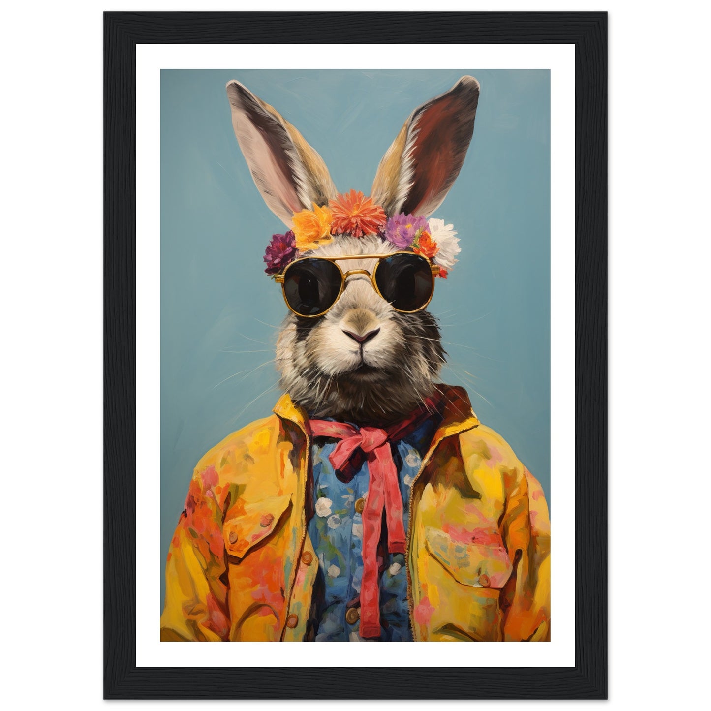 Whimsical Hippy Rabbit Flower Power Wall Art Print