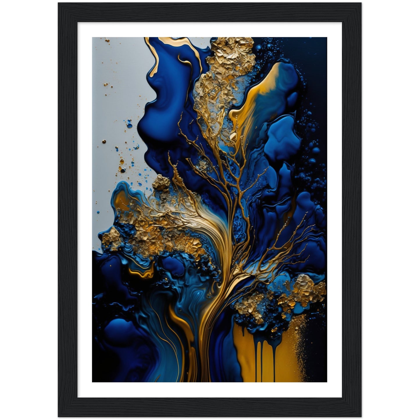 Golden Blue Waves Abstract Wall Art Print