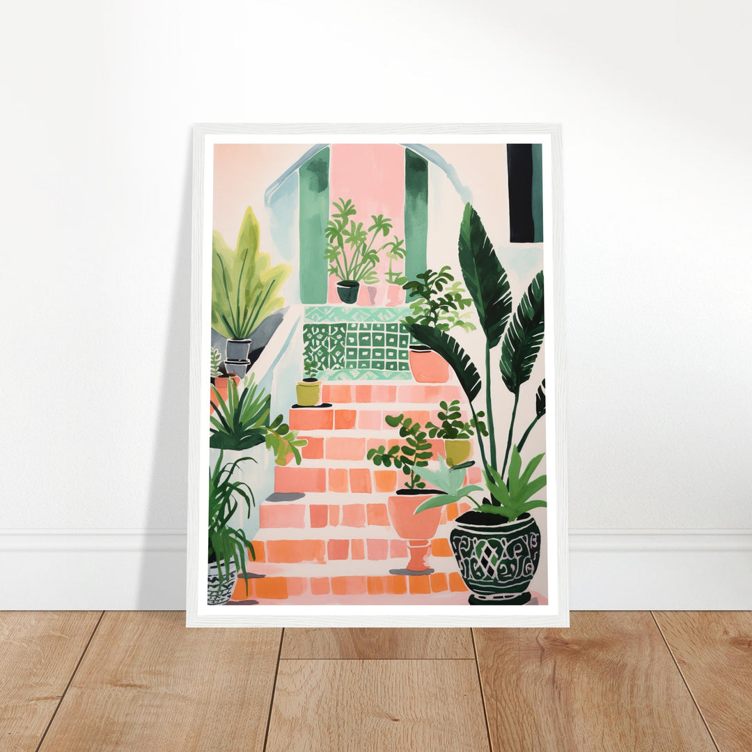 Mediterranean Stairs and Vibrant Potted Plants Wall Art Print