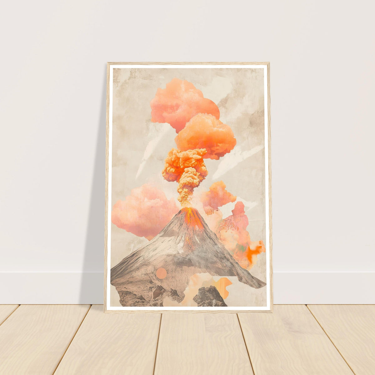 Volcano with orange smoke art print in a light wood frame, 60x90 cm