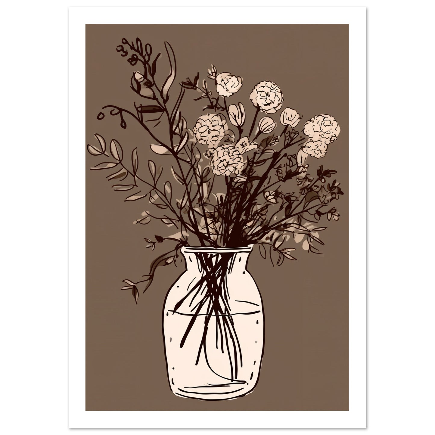 Minimalist Cottagepunk Flower Bouquet Sketch Wall Art Print