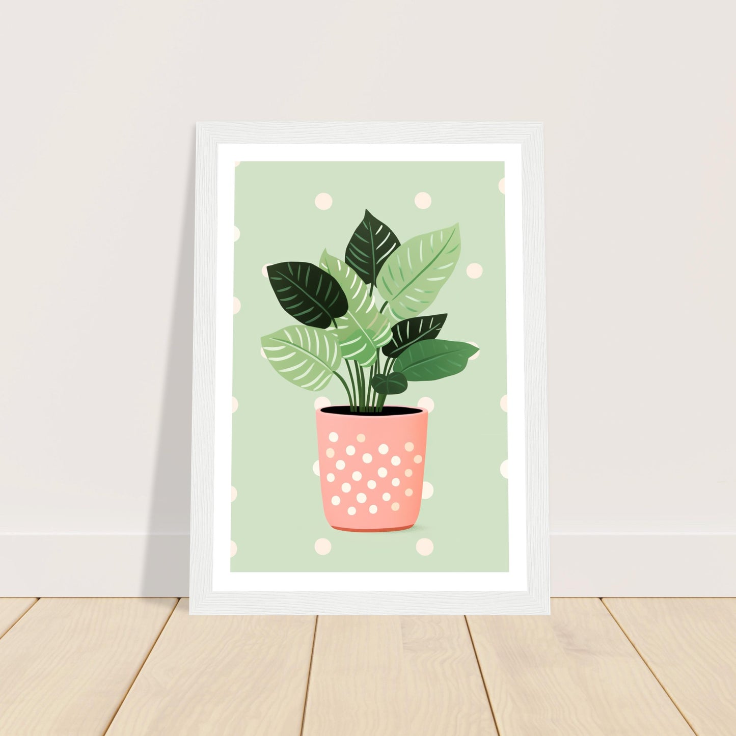 Playful Green House Plant in Pink Polka Dot Vase Wall Art Print