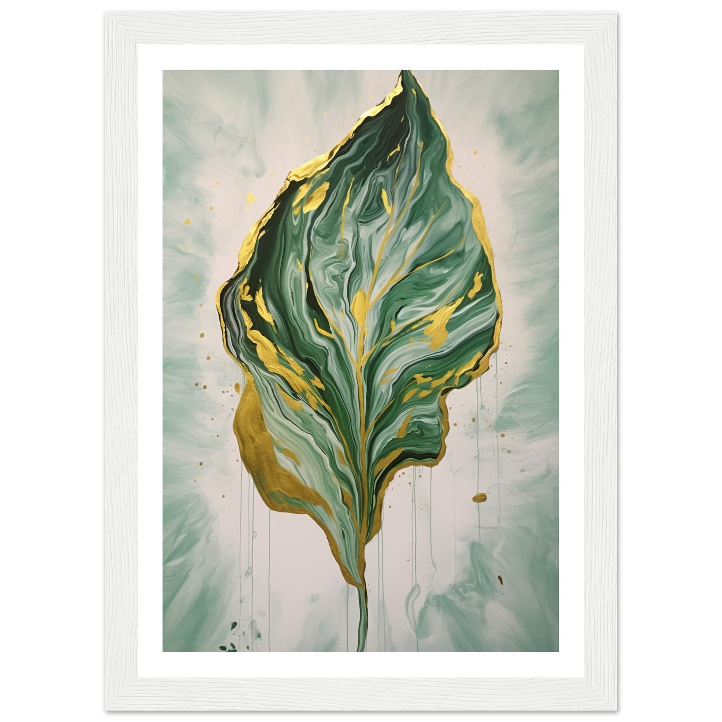 Fluid Melting Fiddle Leaf in Green and Gold Abstract Wall Art Print