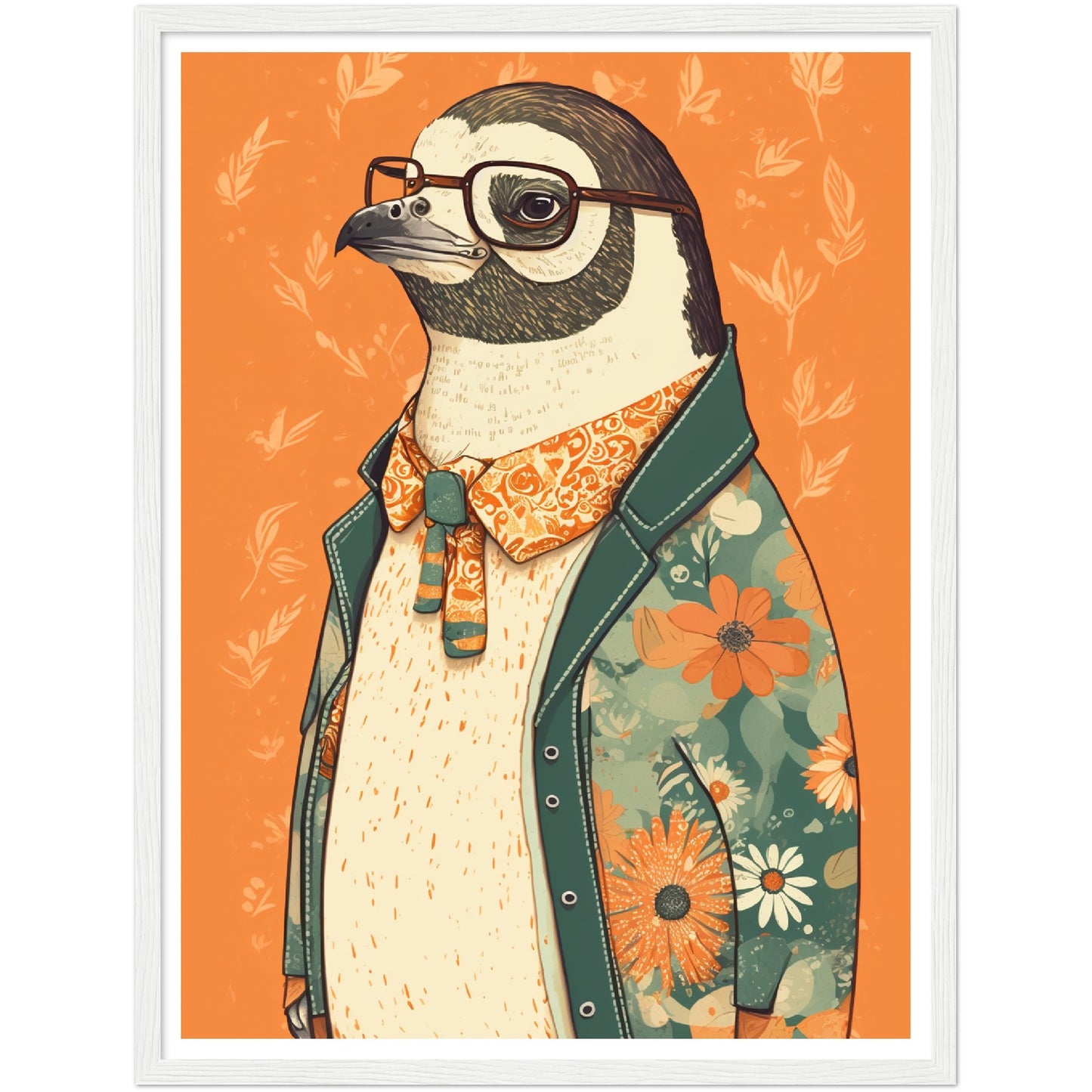 Penguin Chic Floral Jacket Illustration Wall Art Print