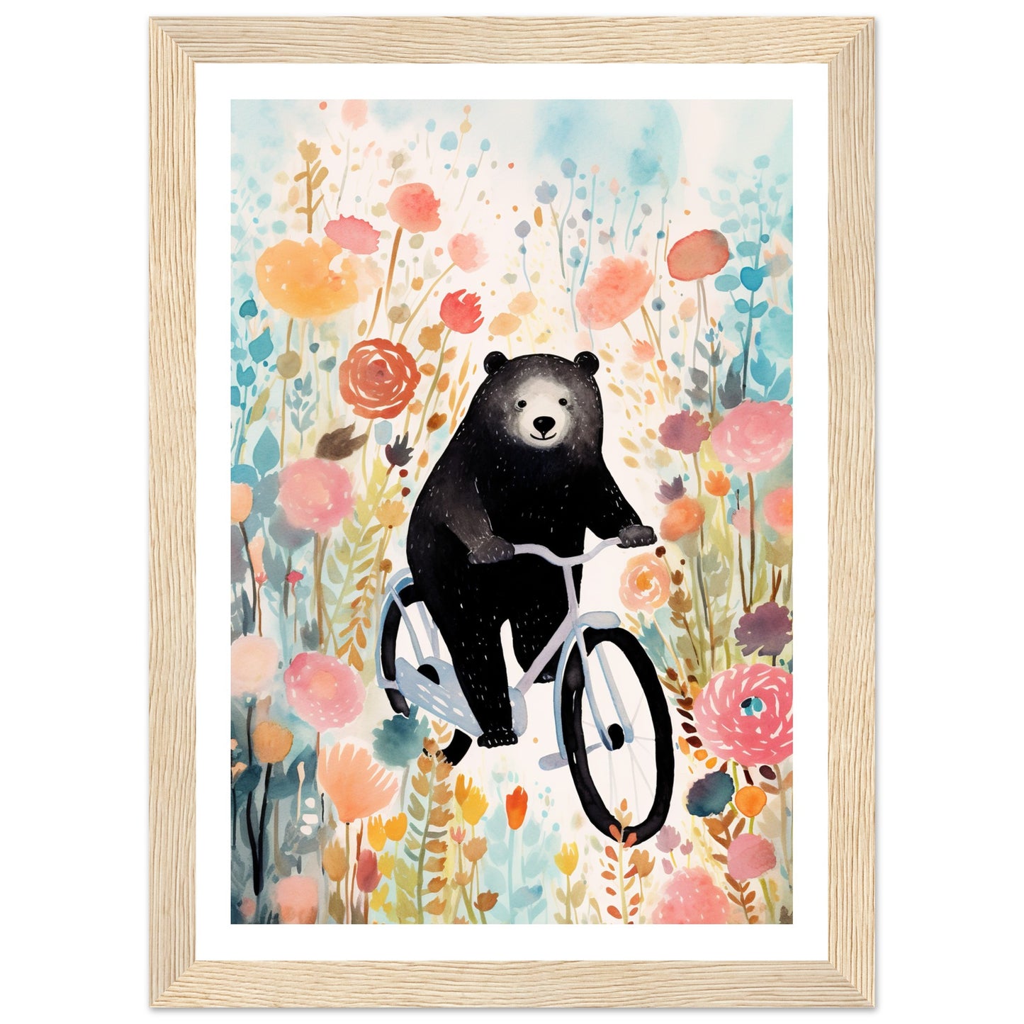 Folklore-Inspired Bear on Bike Floral Wall Art Print