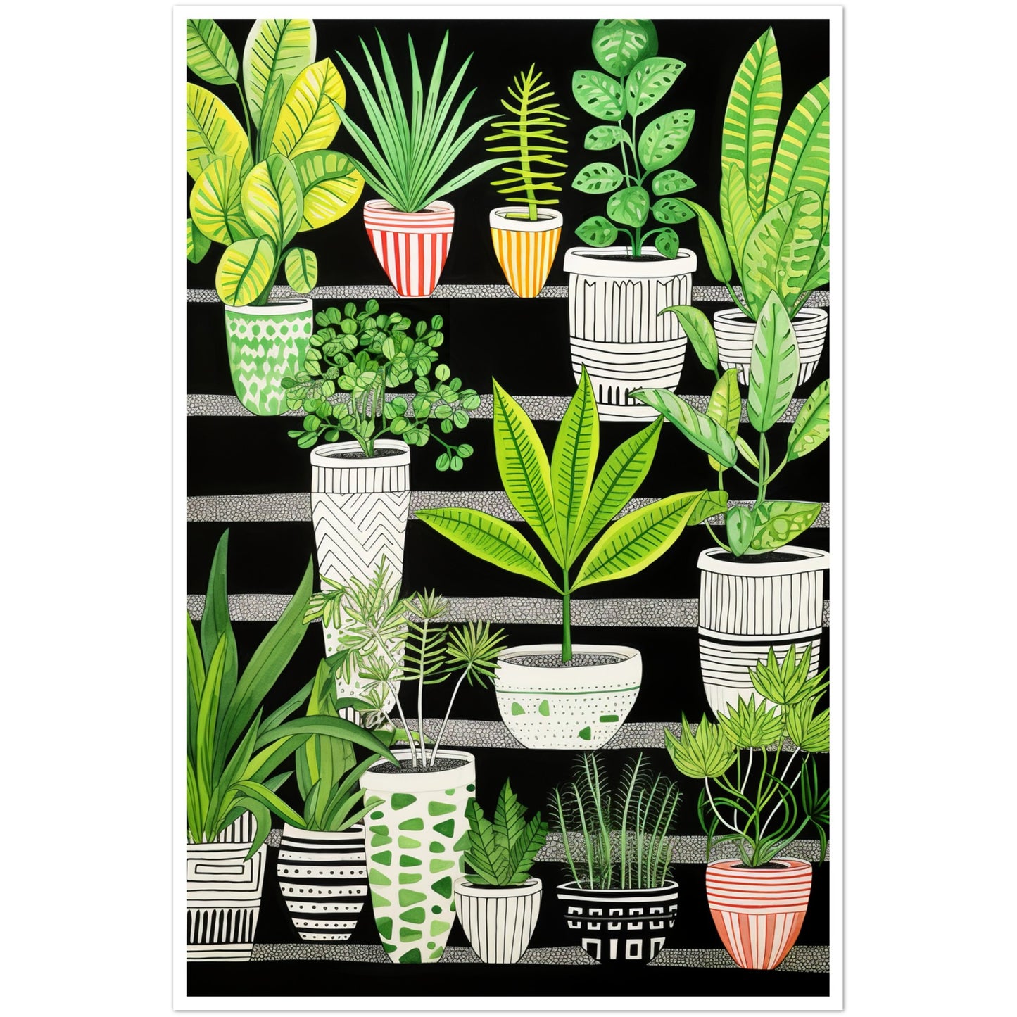 Whimsical Green & Black Potted Plants Wall Art Print