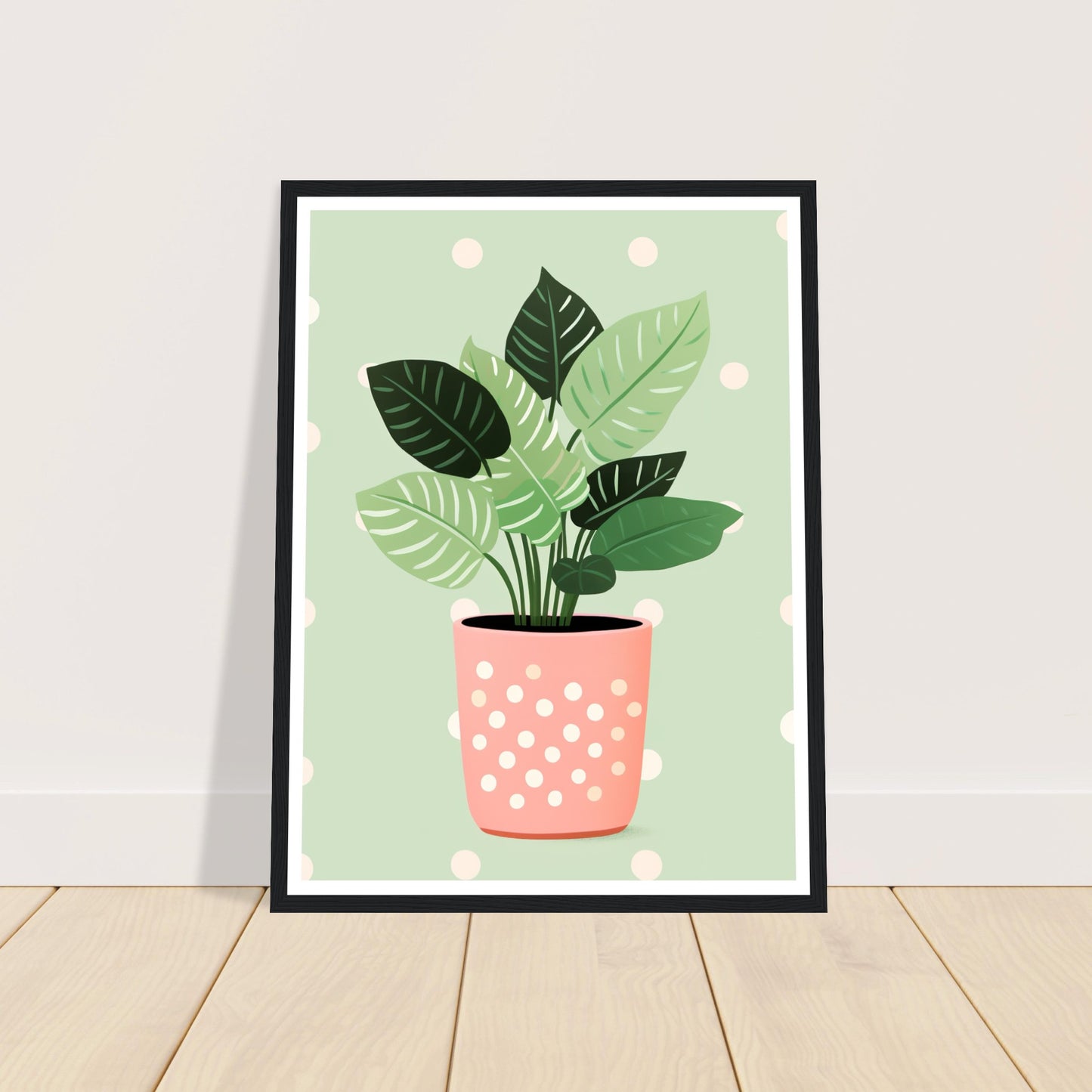 Playful Green House Plant in Pink Polka Dot Vase Wall Art Print