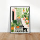 Whimsical Plants & Dog on Spanish Villa Stairs Wall Art Print