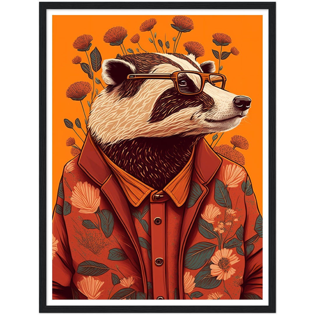 Charming Floral Badger Animal Portraiture Wall Art Print