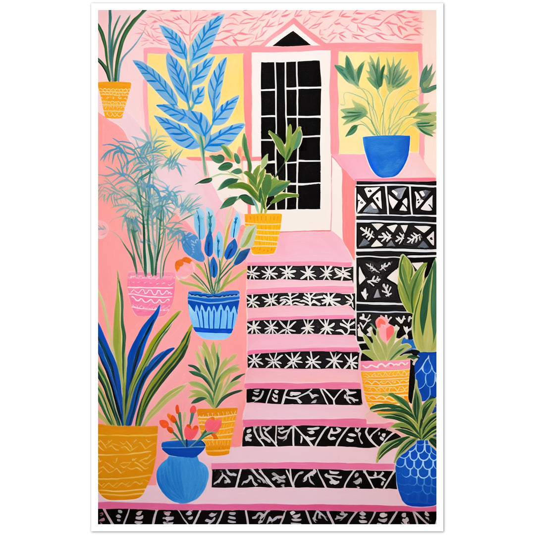 Quirky Pink Cottage Potted Flower Stairs