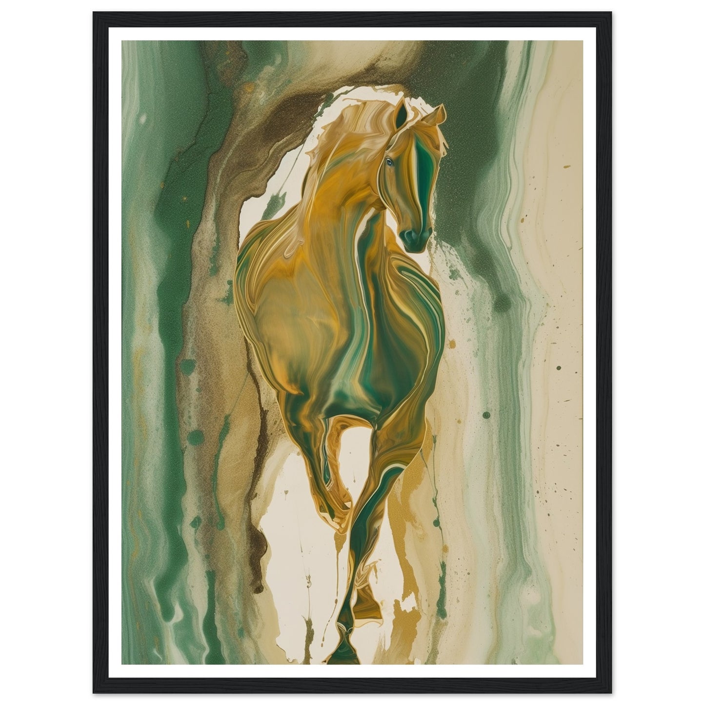 Golden Gallop - Fluid Green and Gold Horse Wall Art Print