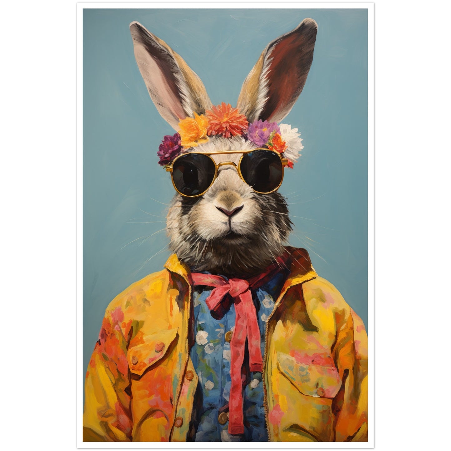 Whimsical Hippy Rabbit Flower Power Wall Art Print