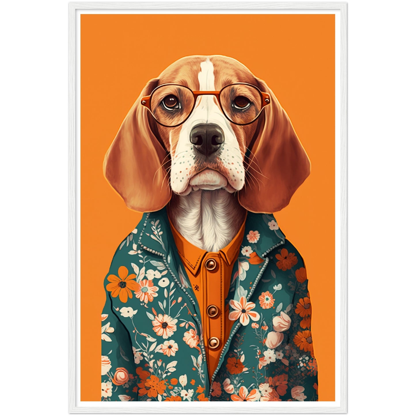 Fashionable Floral Beagle Dog Illustration Wall Art Print