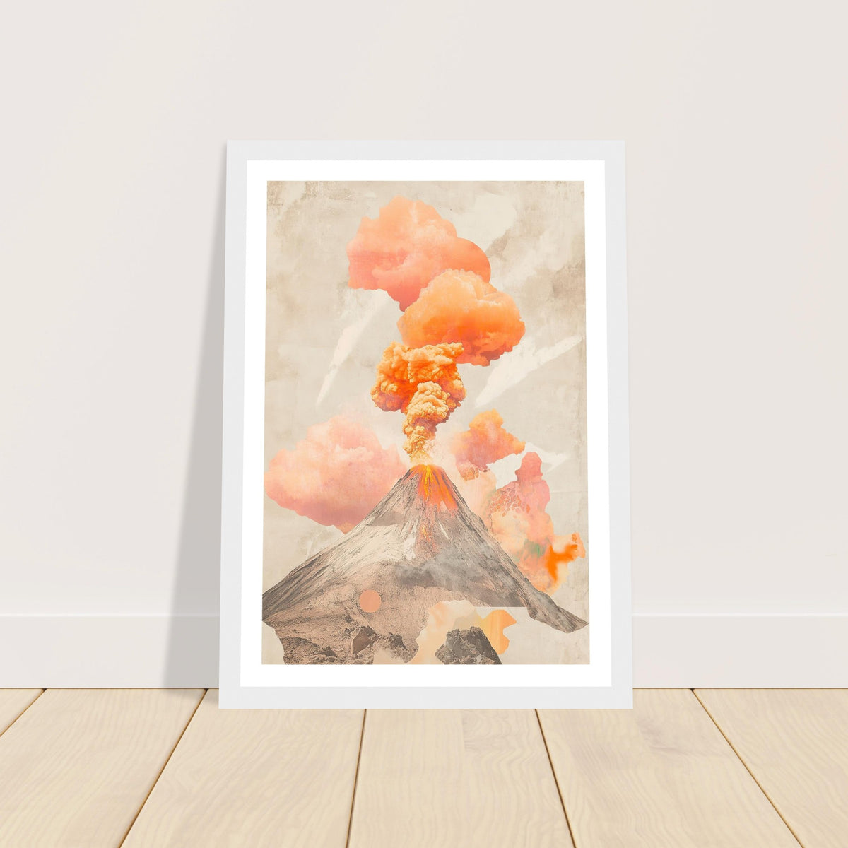 Volcano with orange smoke art print in a white wood frame, A4