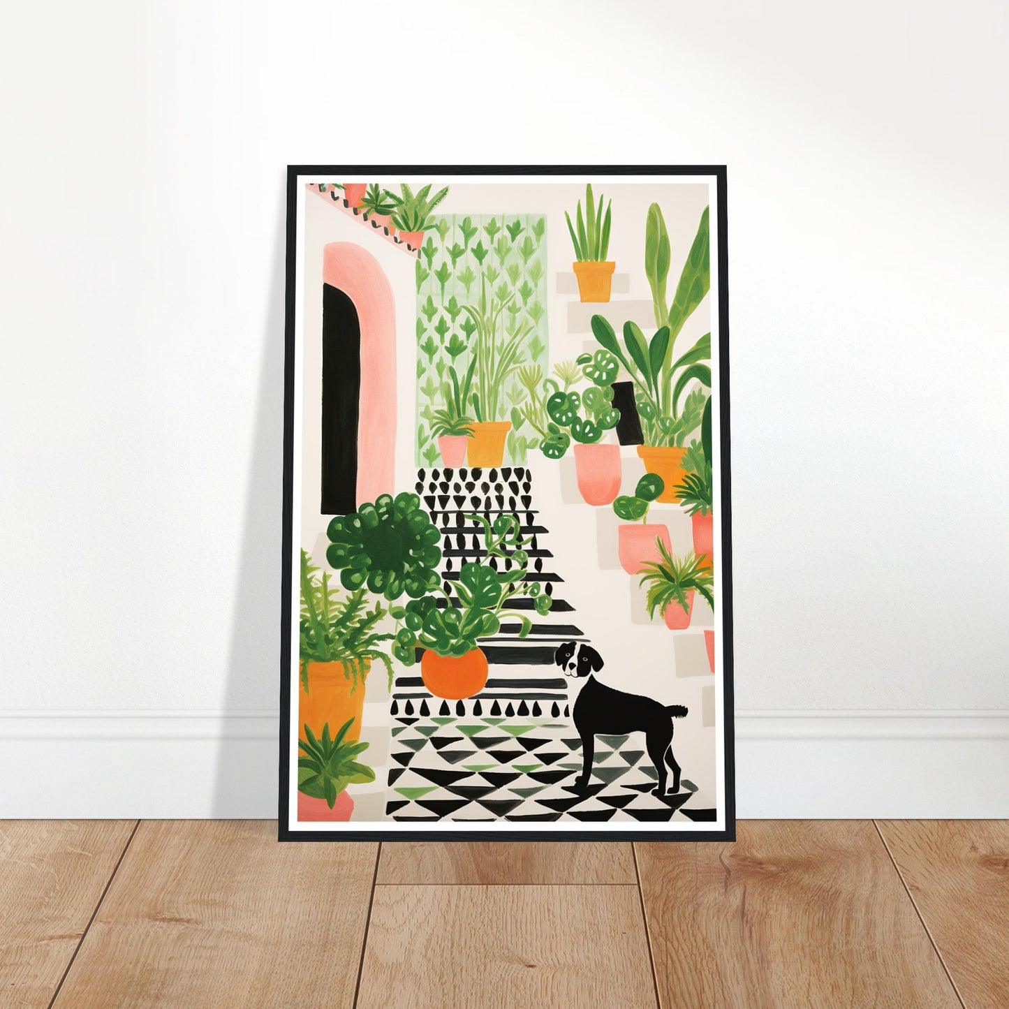 Whimsical Plants & Dog on Spanish Villa Stairs Wall Art Print