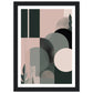 Sparse shapes in pink and green art print in a black wood frame, A4