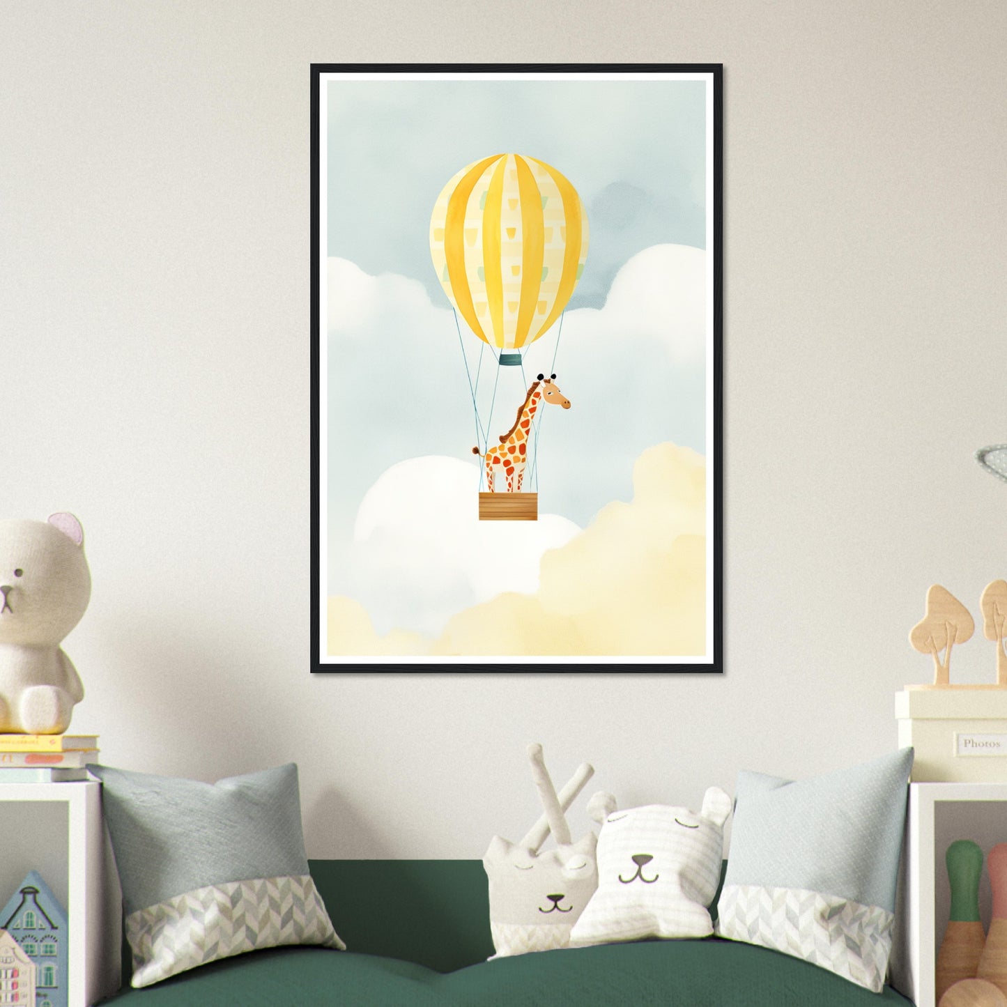 Giraffe Hot Air Balloon Sky Adventure Wall Art Print