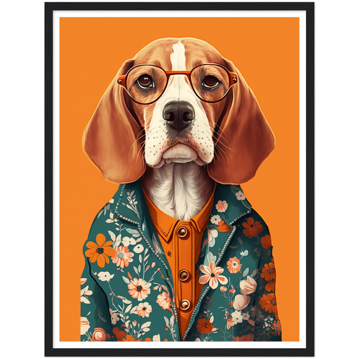 Fashionable Floral Beagle Dog Illustration Wall Art Print