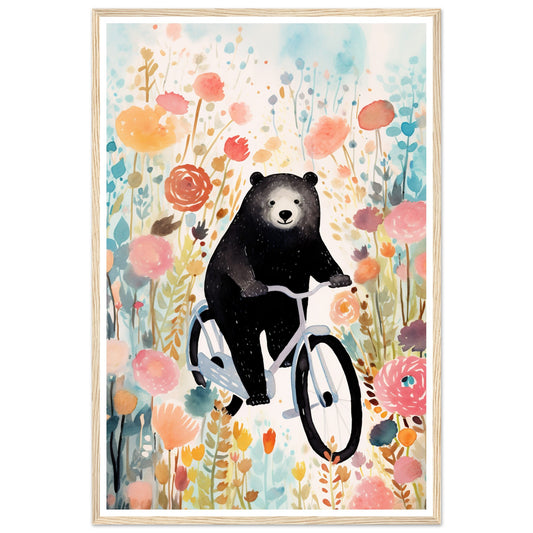 Folklore-Inspired Bear on Bike Floral Wall Art Print