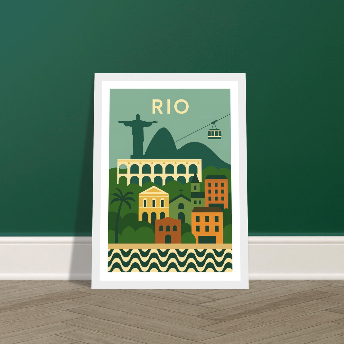 Rio de Janeiro cityscape and landmarks art print in a white wood frame, A4