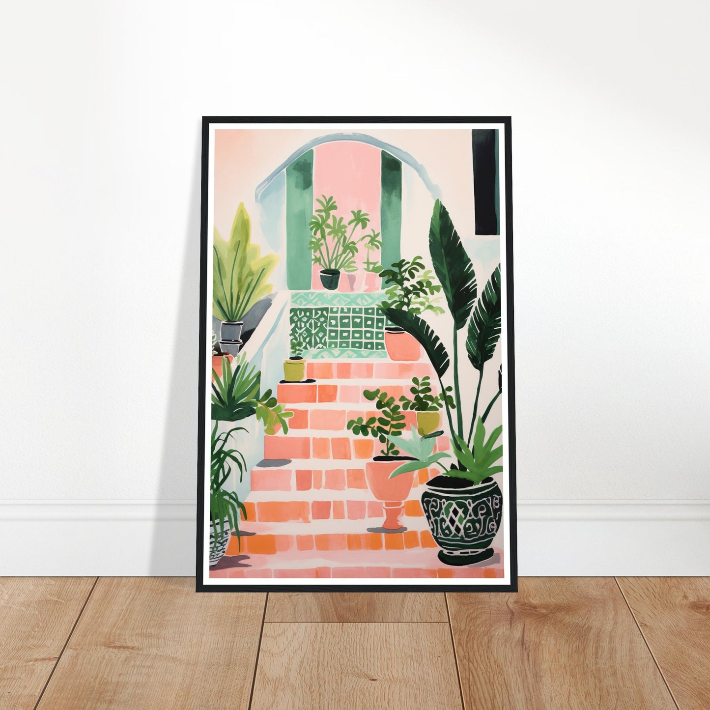 Mediterranean Stairs and Vibrant Potted Plants Wall Art Print