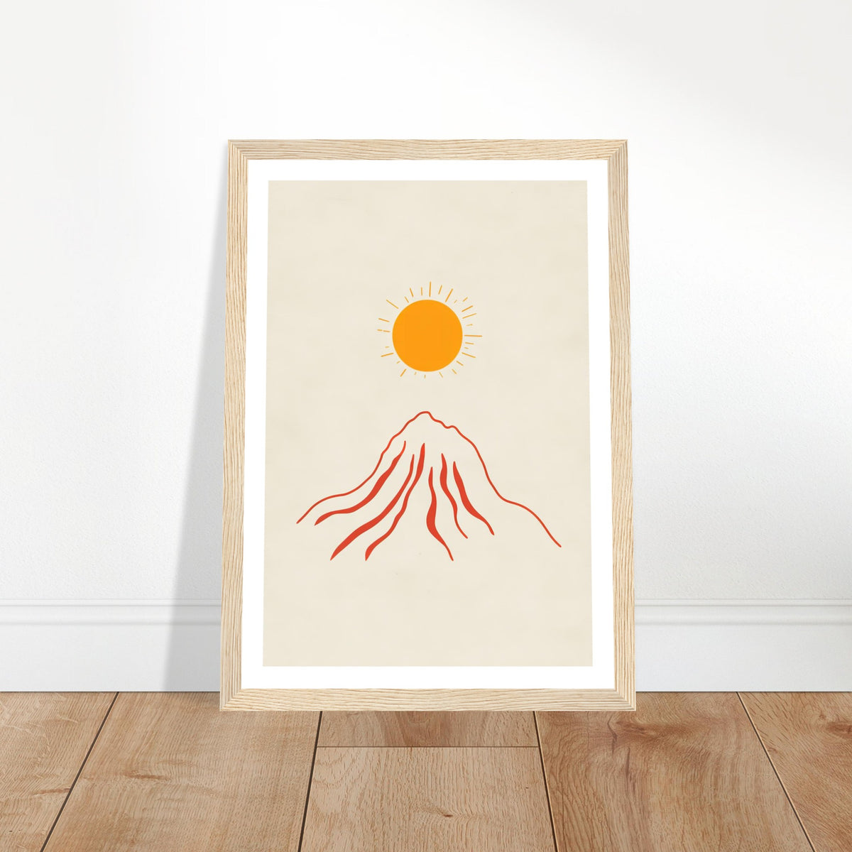 Orange sun over red mountain art print in a light wood frame, A4
