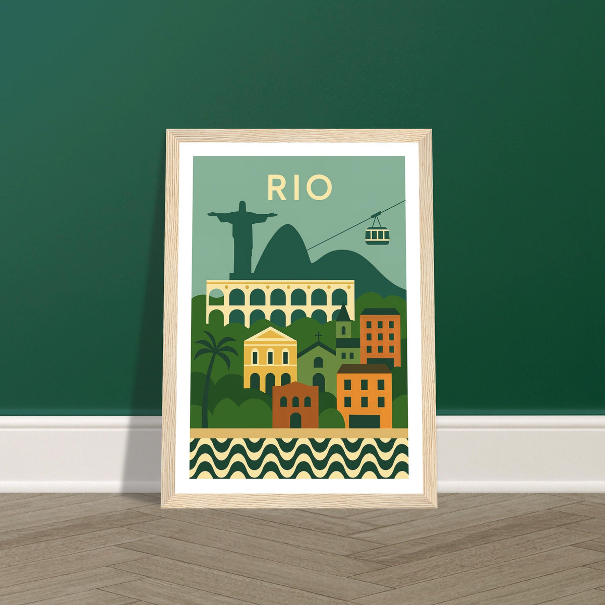 Rio de Janeiro cityscape and landmarks art print in a light wood frame, A4