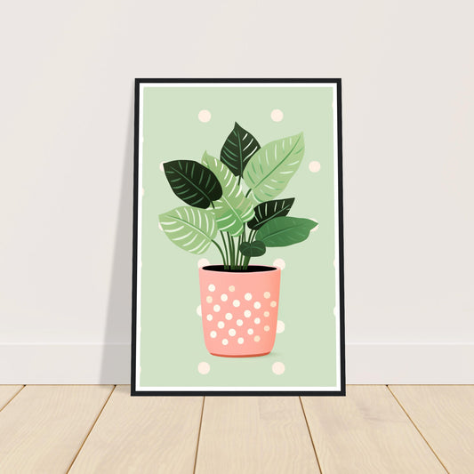 Playful Green House Plant in Pink Polka Dot Vase Wall Art Print