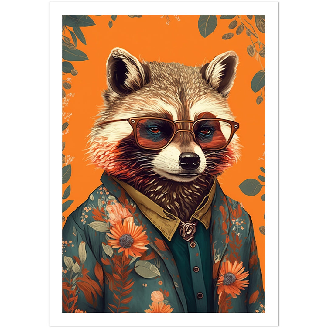 Floral Rascal Raccoon Illustration Wall Art Print