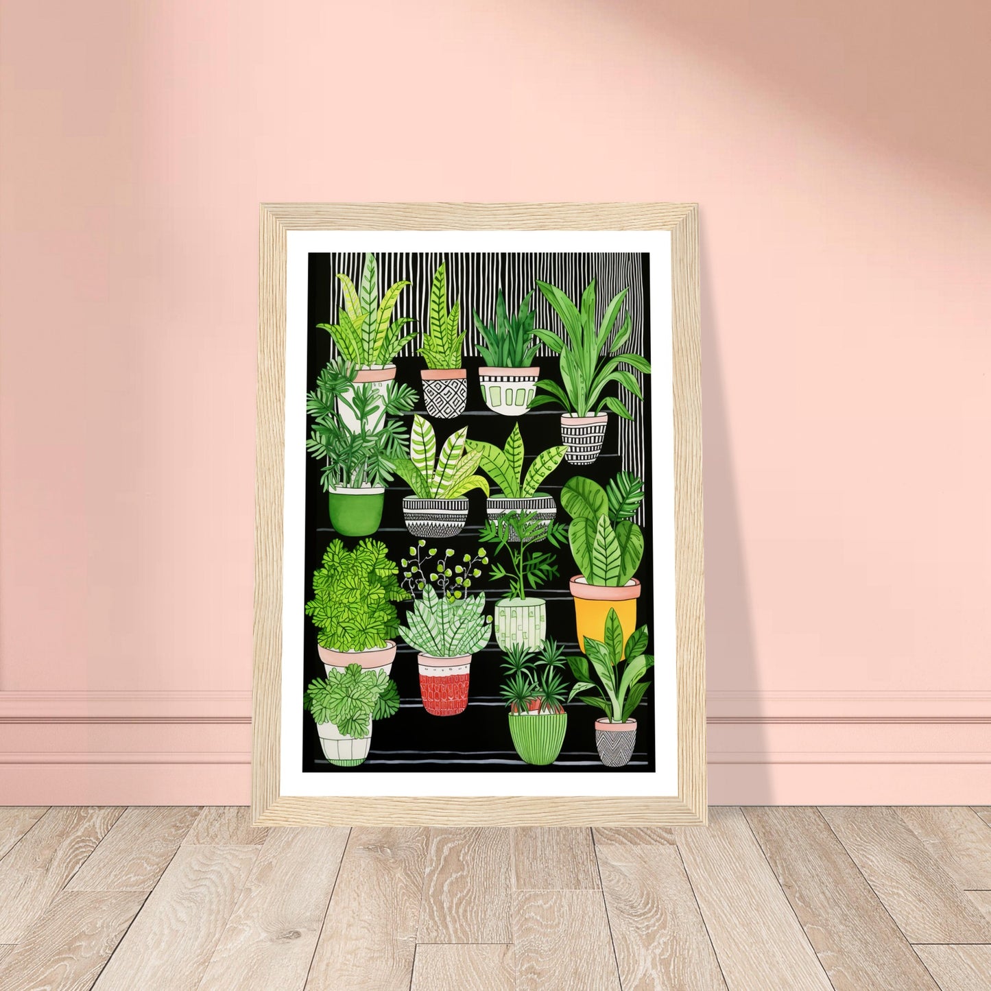 Whimsical Dark Staircase with Potted House Plants Wall Art Print