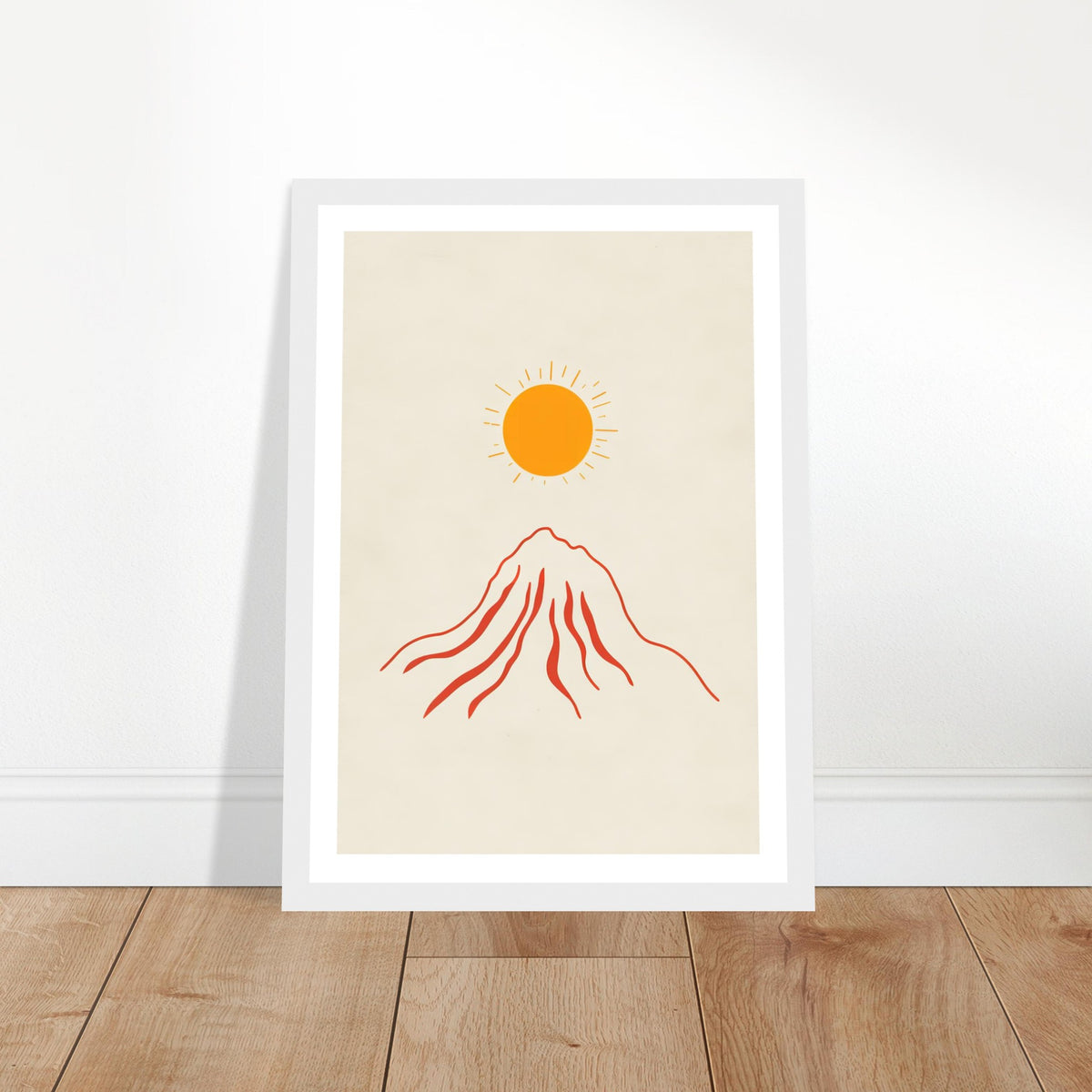 Orange sun over red mountain art print in a white wood frame, A4
